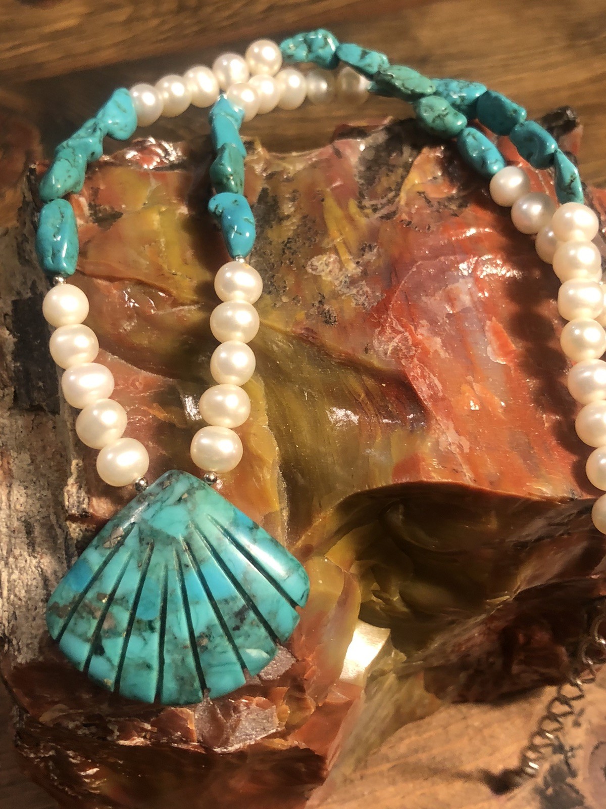 Coastal Freshwater Pearls Turquoise Carved Clam Shell Necklace 18”-20” DR925