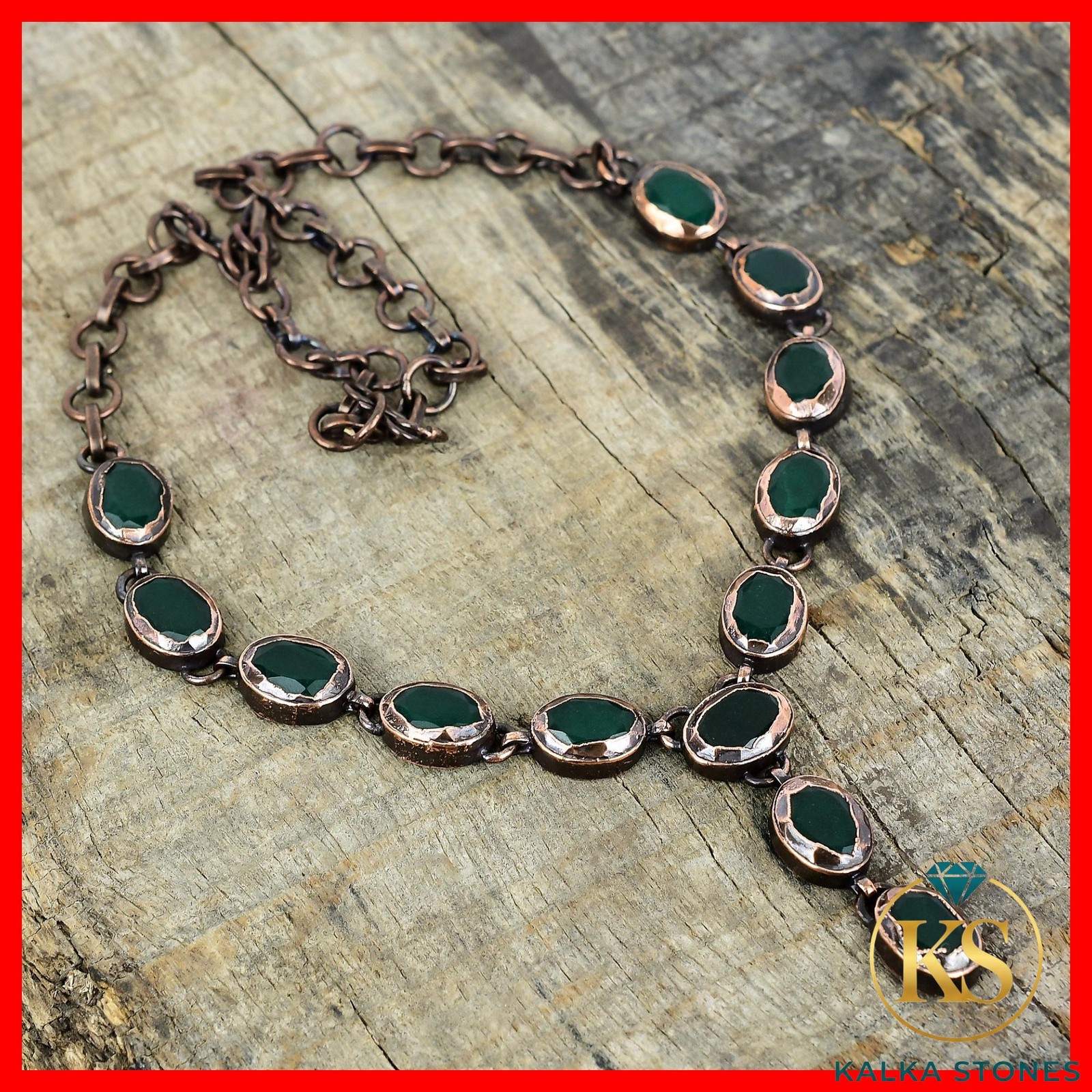Oval Natural Zambian Emrald Copper Electroformed Chain Art Deco Elegant Necklace