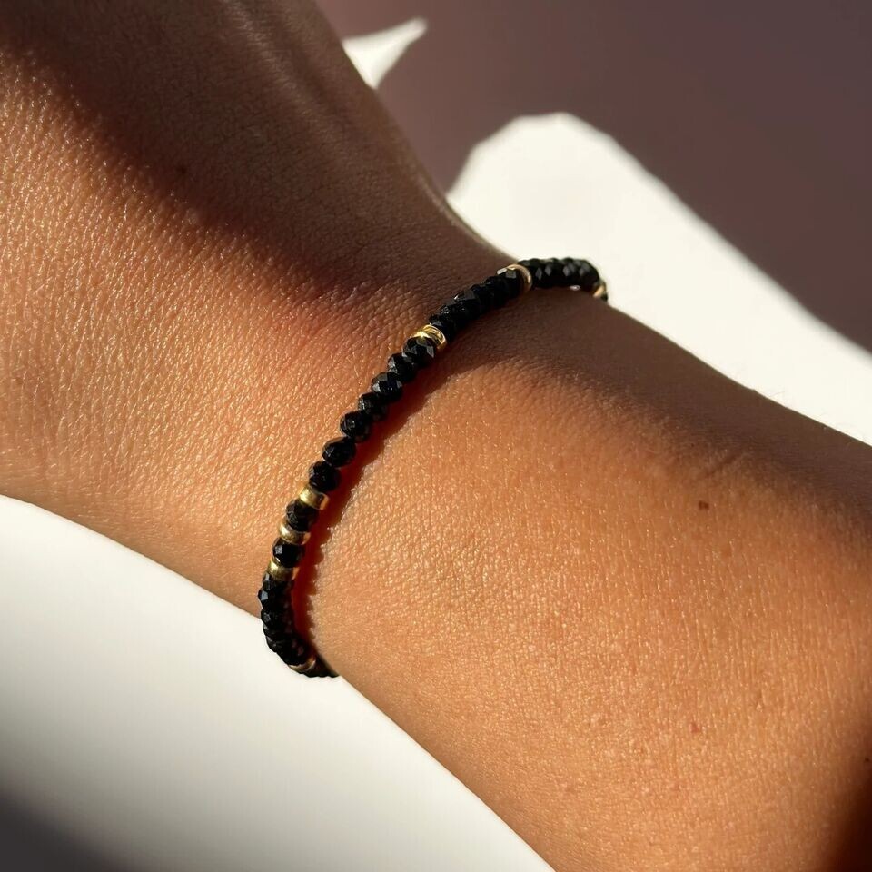 3mm Black Spinel Crystal Gemstone Beaded Dainty Bracelet Healing Energy Gift