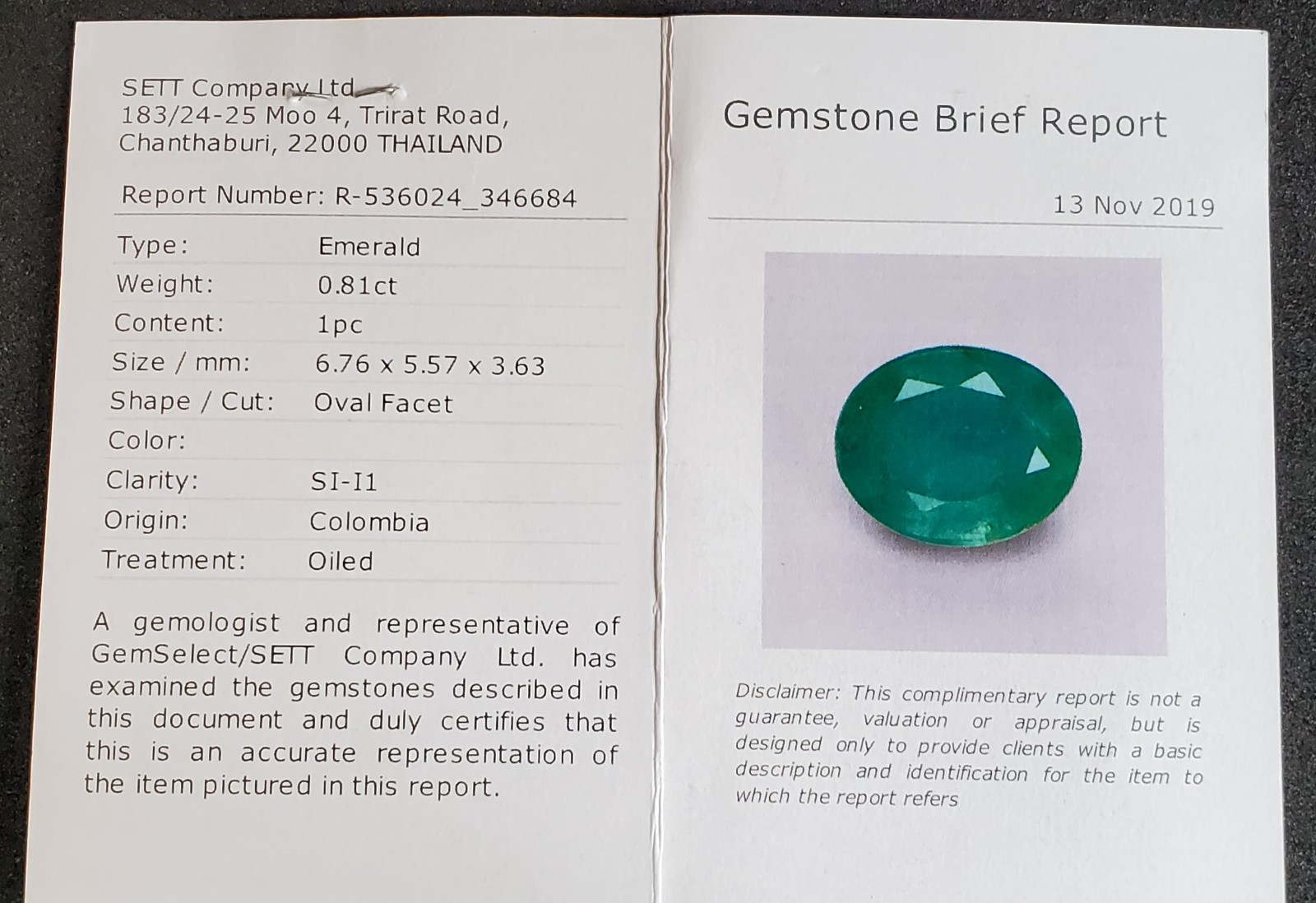 Emerald Loose Gemstone – Oval Facet – 0.81 ct – SI/I1 – 536024