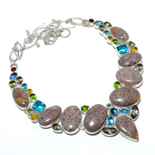Coffee Bean Jasper & Multi 925 Silver Plated Necklace 18-19.99″ T7