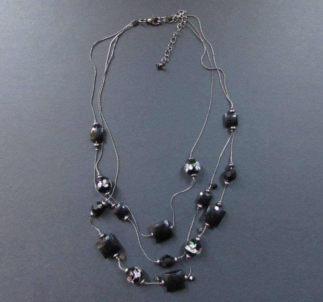 Multi-Strand Black Beaded Necklace Square Round Beads w/ Floral Pattern 20″