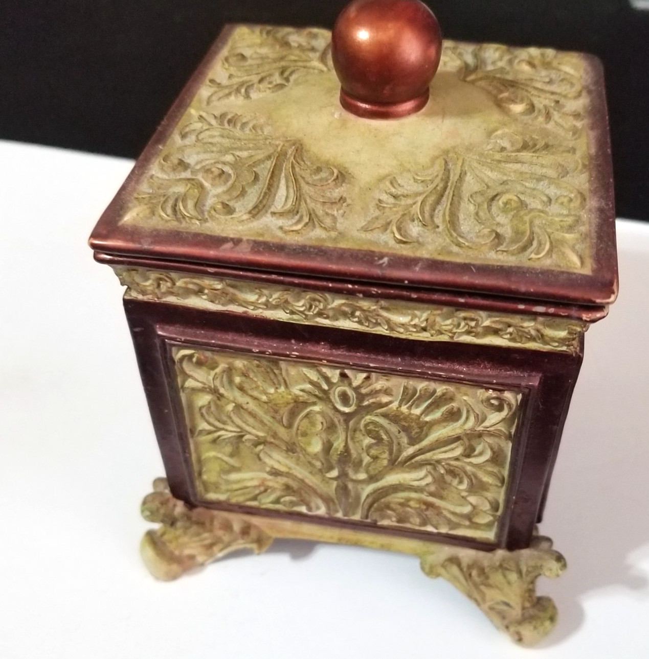 Jewelry Storage Box 4x4x4″ with Lid Ornamental Bathroom Hand Crafted Dark Tan