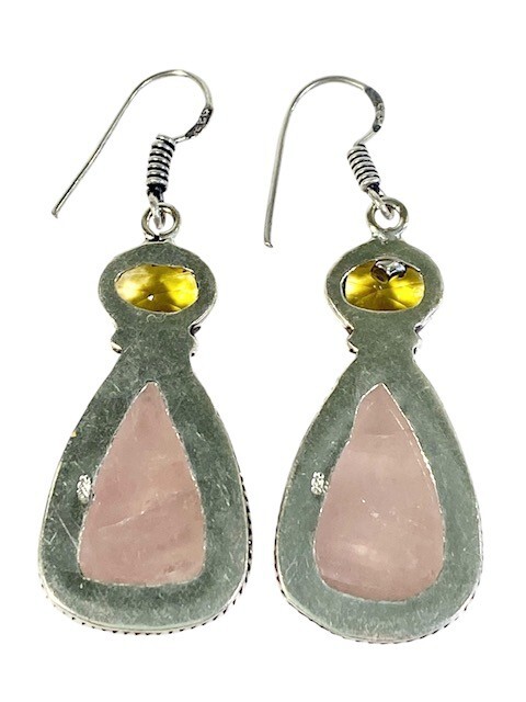 Rose Quartz & Faceted Citrine Teardrop Earrings Double Gems Handmade 12gm 2.8 in