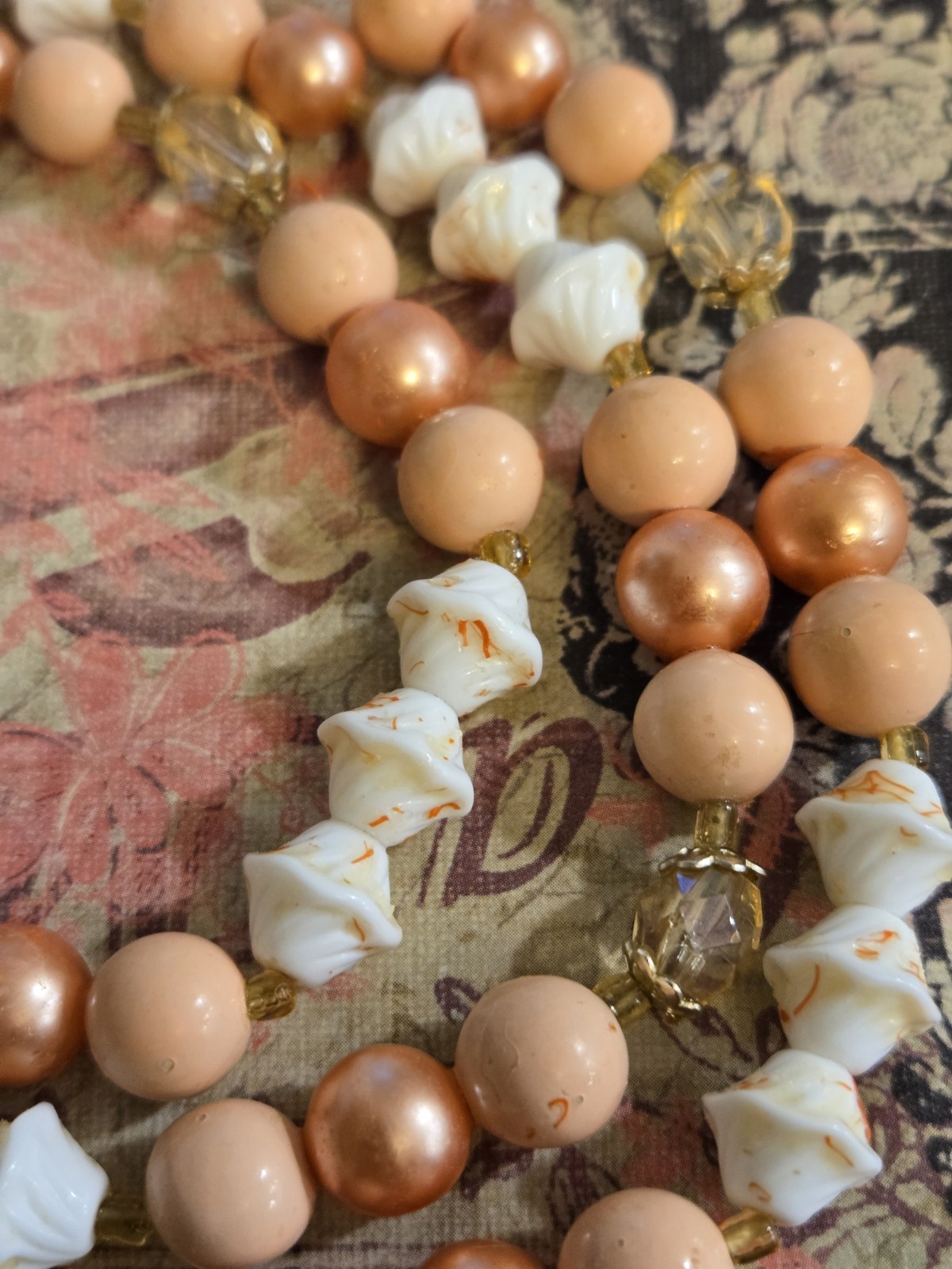 Vintage Japan Triple Strand Bead Necklace with Gold Tone Peach & Cream 19 In
