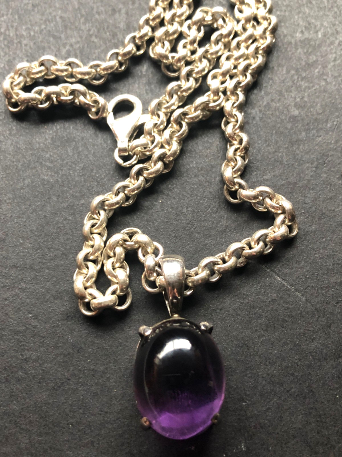 Designer Sterling Cabochon Amethyst Ring & Pendant w/Sterling 44 gram Chain