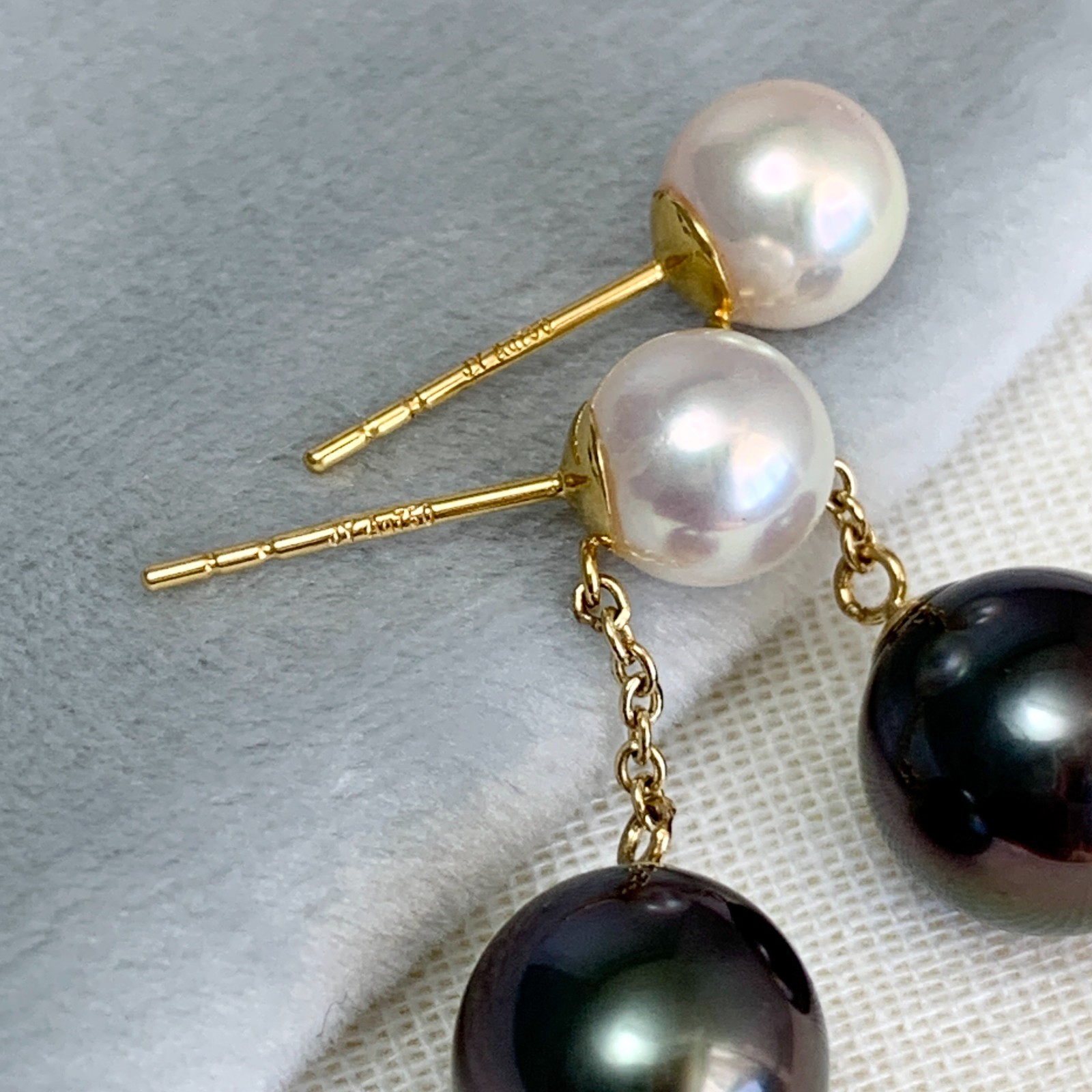 7/9.5mm Multi-Pearl Japanese Akoya/Tahitian Pearl Earrings 18k Solid Yellow Gold