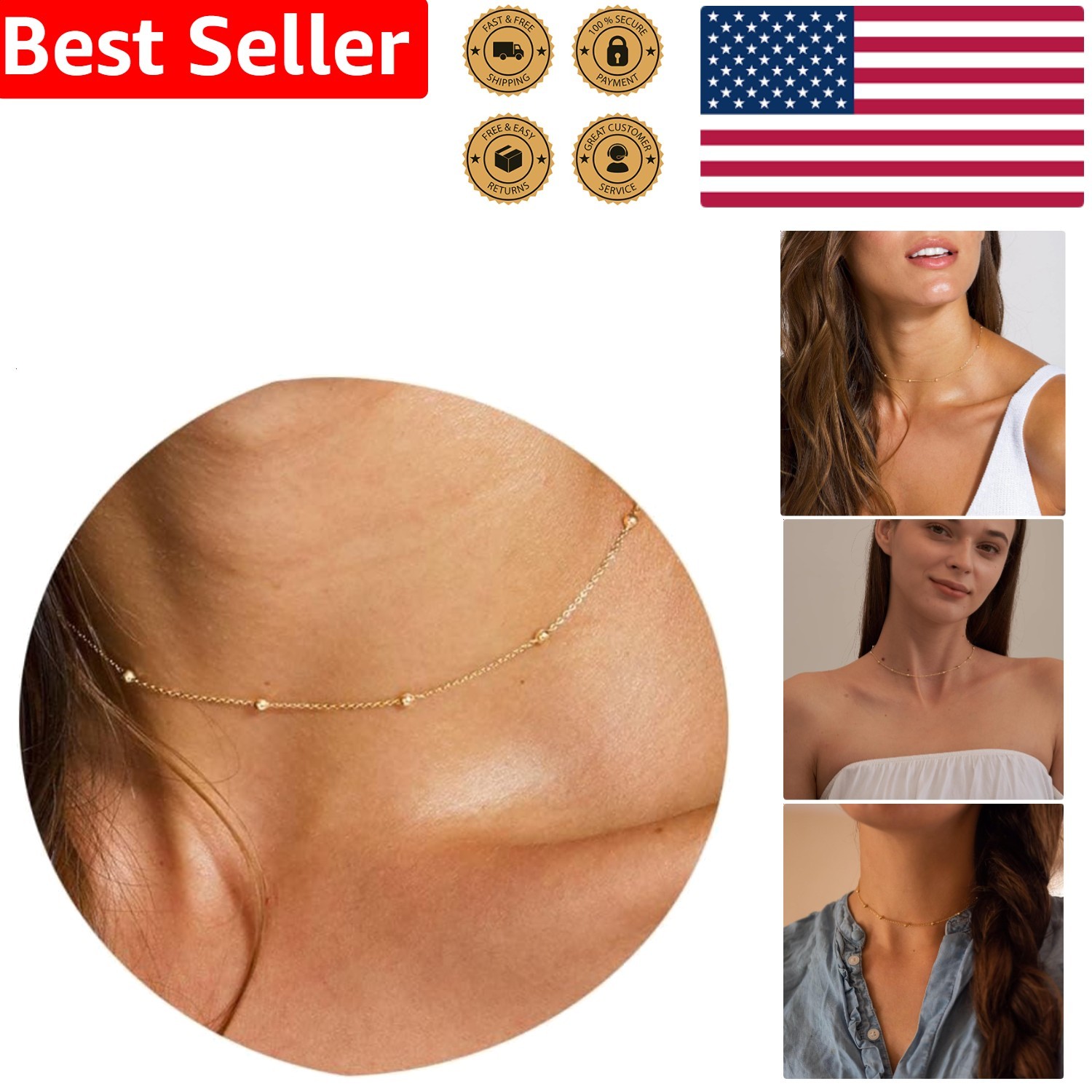 Dainty Gold Chain Necklace for Women, 14K Plated Beaded Box Link Choker Trendy