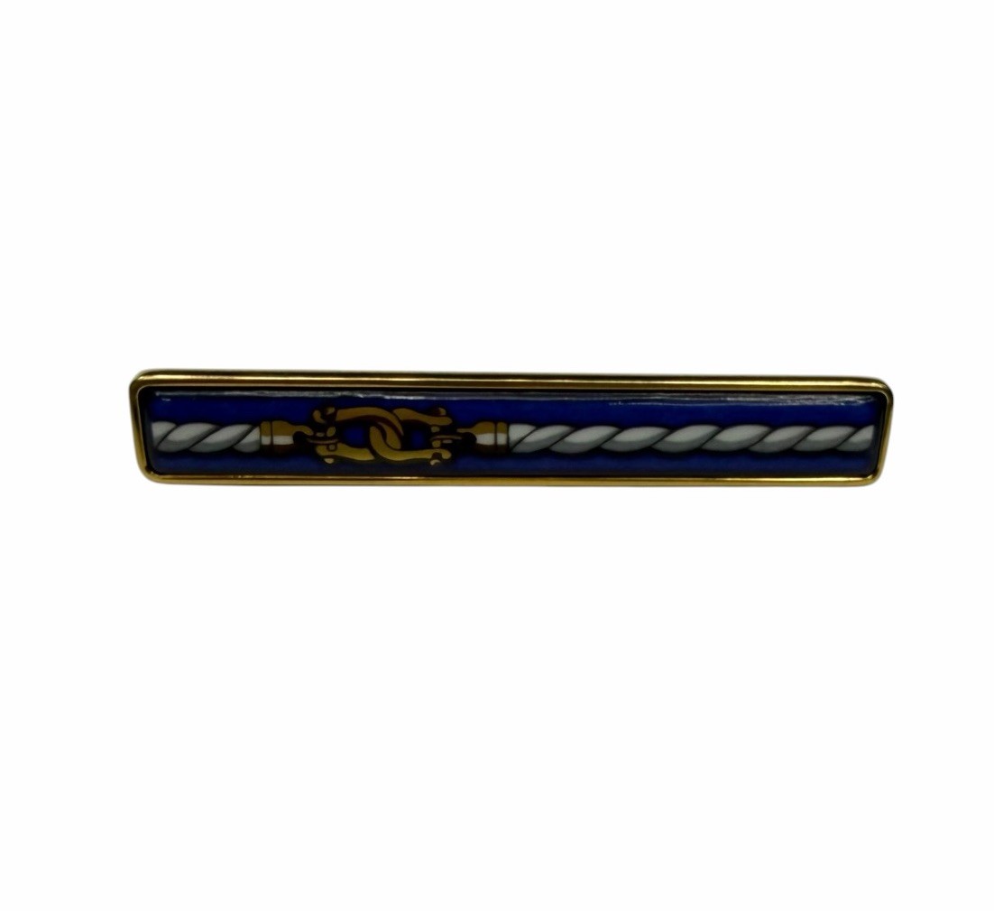 Hermes Men’s Authentic Tie Clip Bar Gold Plated Blue Enamel Cloisonné euc