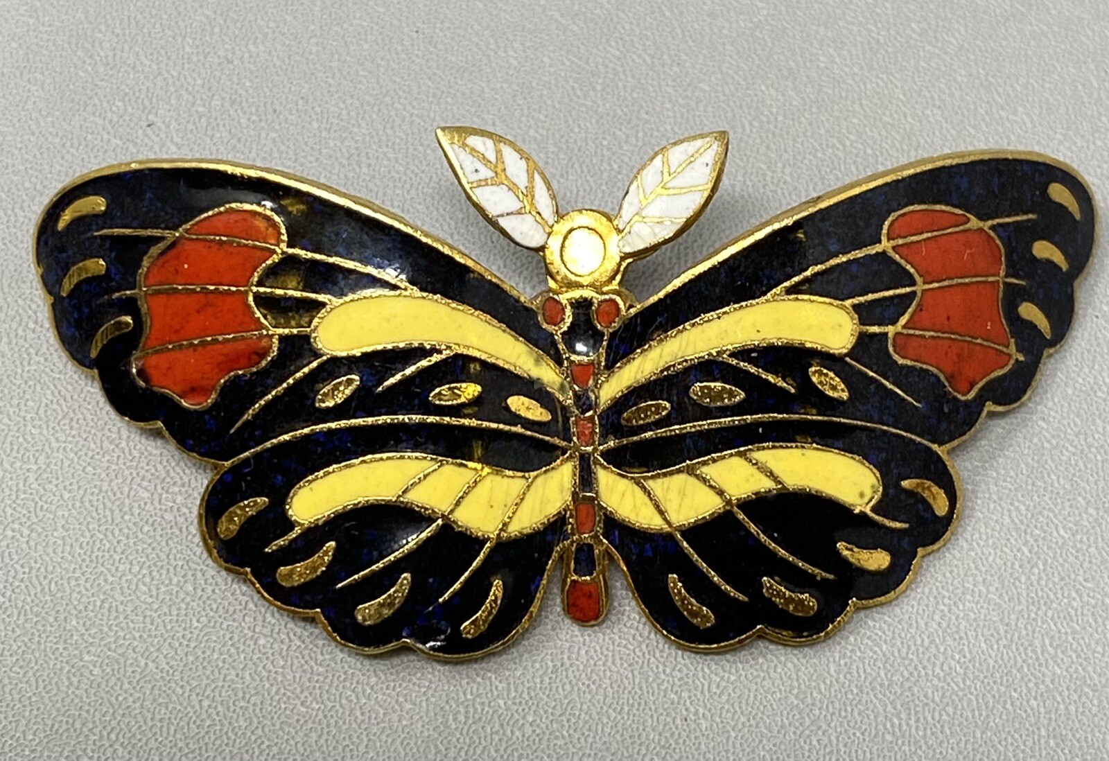Vintage Cloisonne Butterfly Brooch C Clasp Pendant China Black Yellow Red Enamel