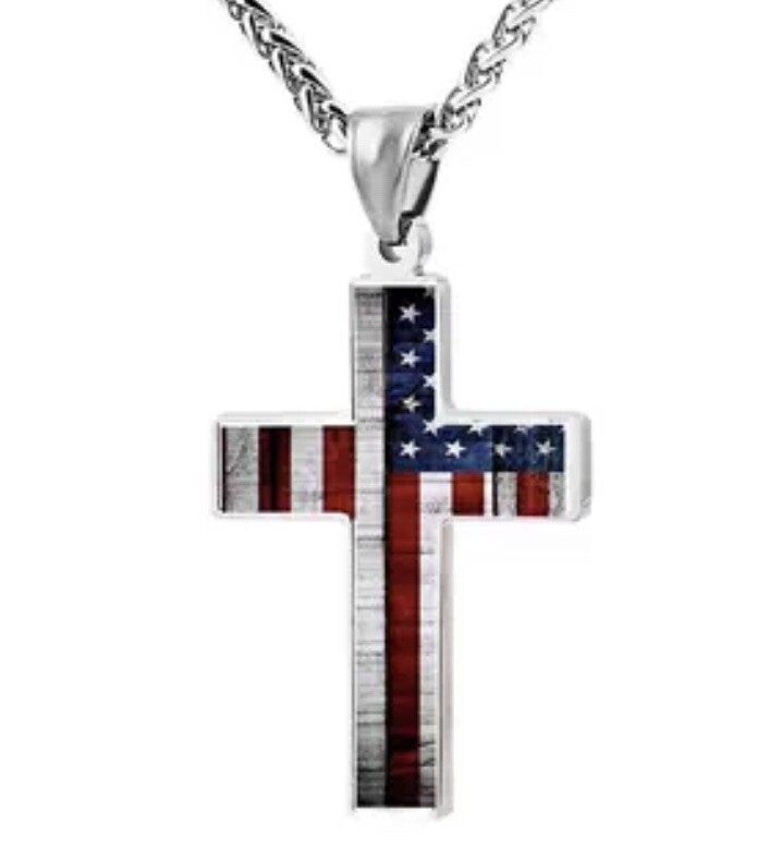American Flag Patriotic Cross Pendant Necklace Religious Jewelry.