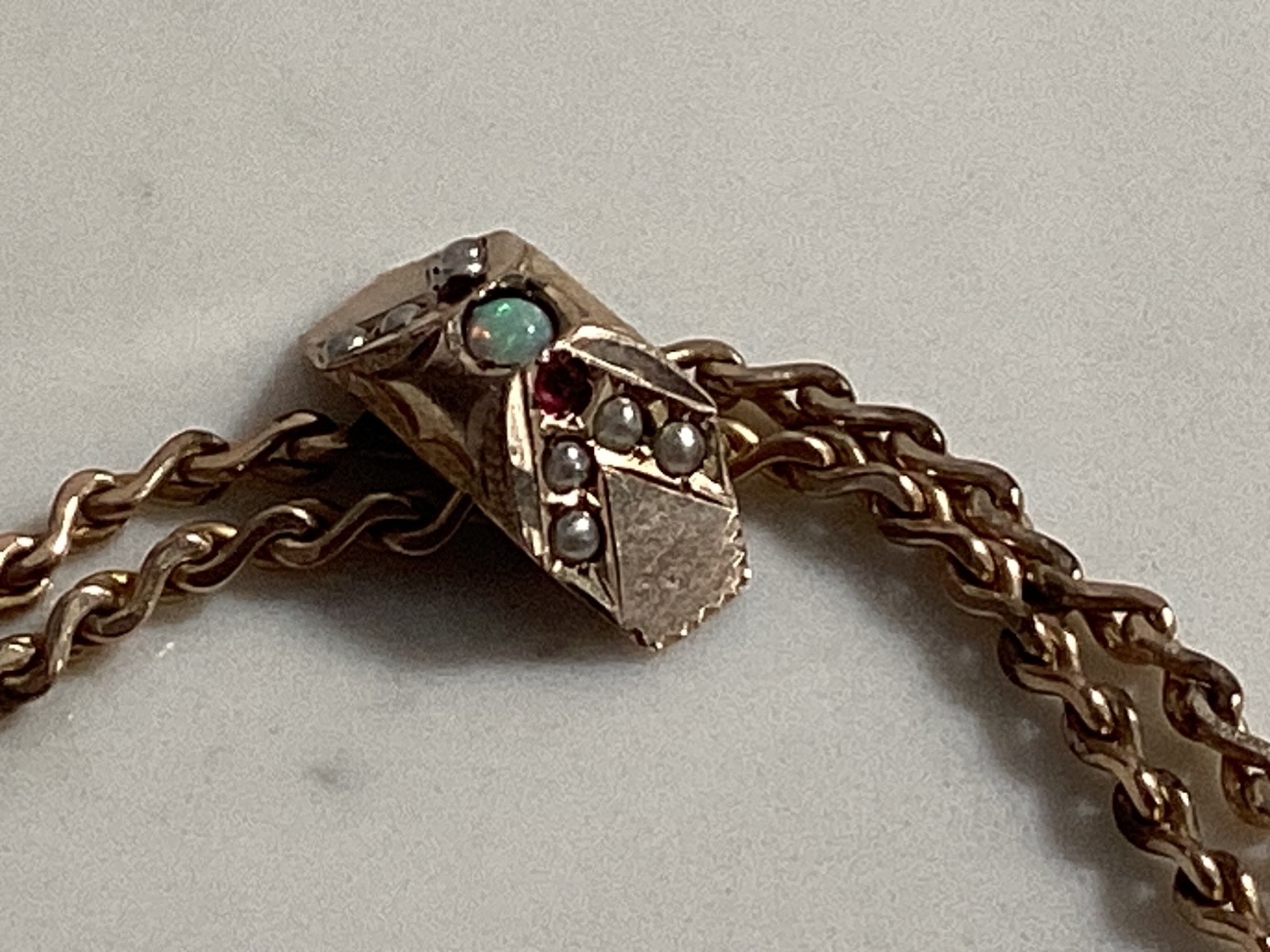 ANTIQUE SIGNED S.O.B. & CO. GOLD FILLED RUBY, PEARL SLIDING WATCH CHAIN NO RES