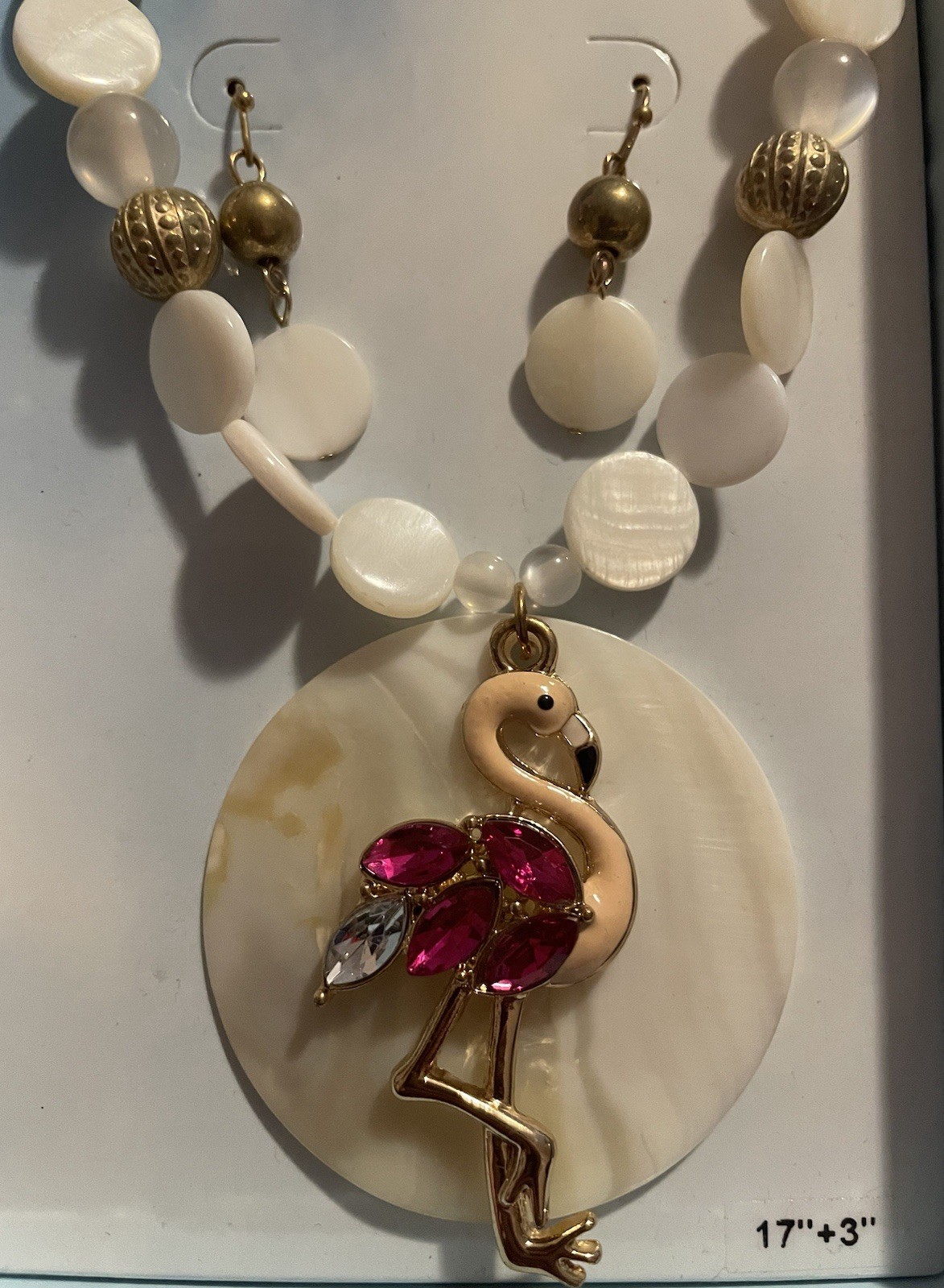 Paradise Shores Pink Flamingo & Shell Necklace & Earrings Set Tropical Jewelry