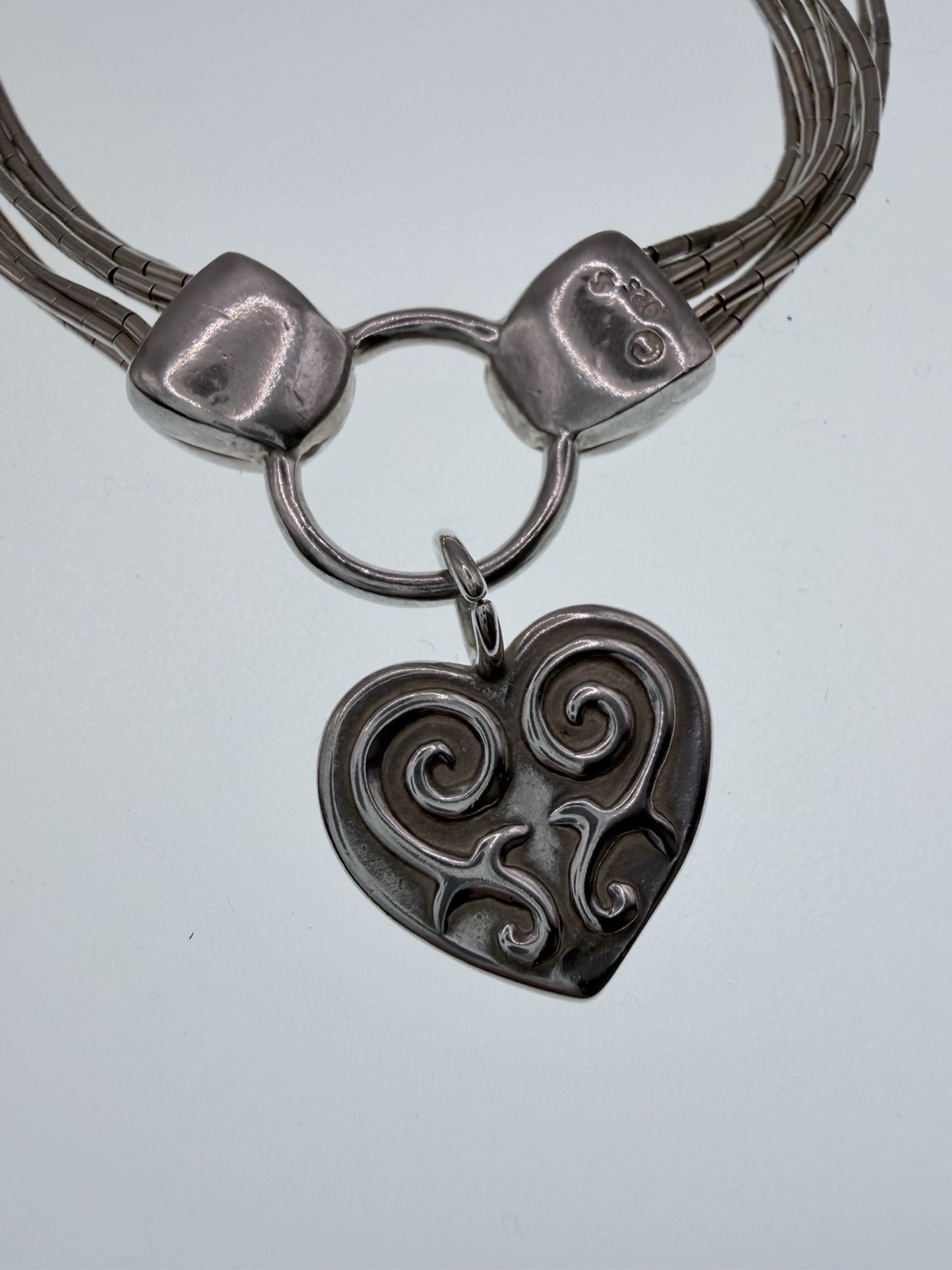 Signed S 925 Sterling Silver 8 Strand Liquid Silver Heart Necklace 17in+3in