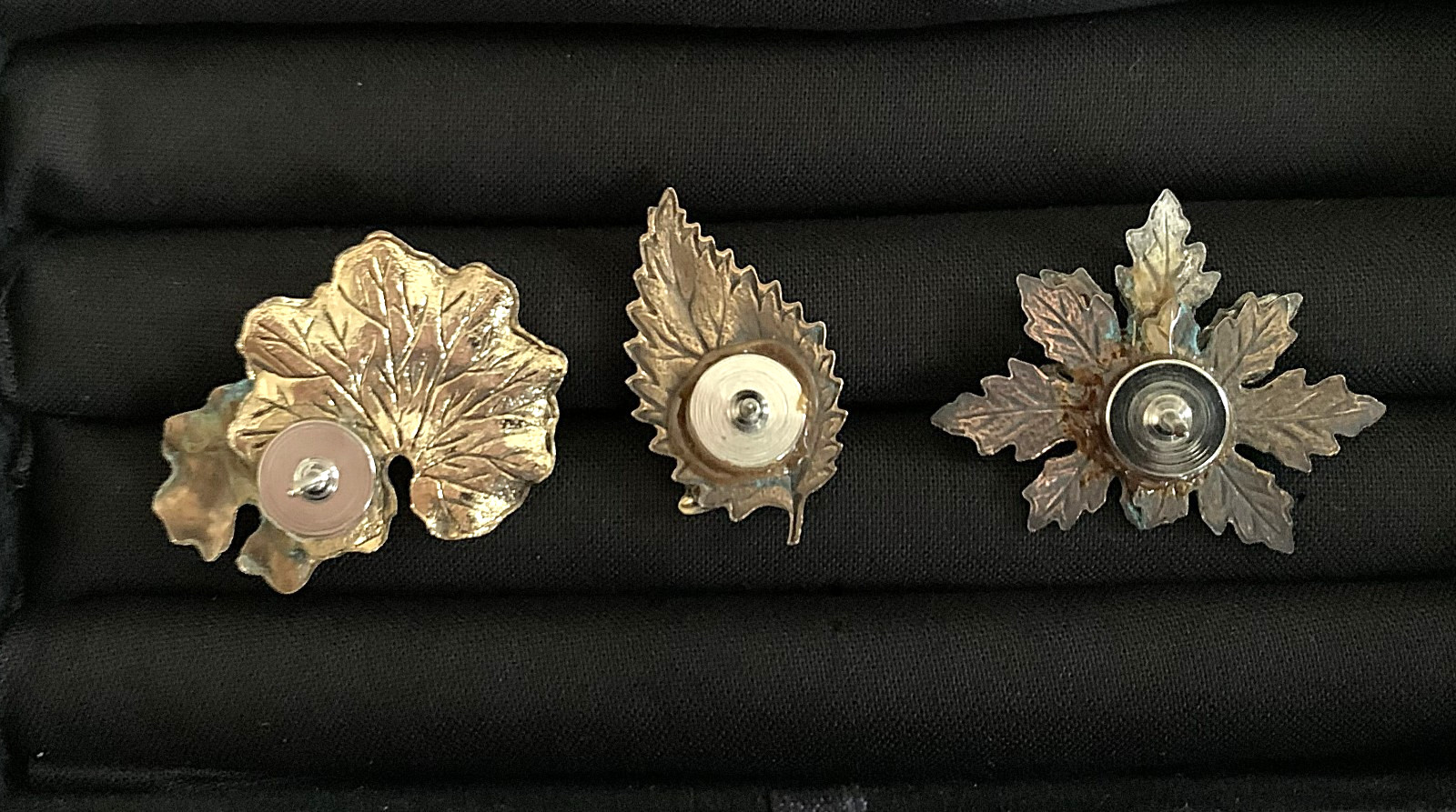 3 Vintage Leaf-Shaped Metal Brooches with Varies Patinas