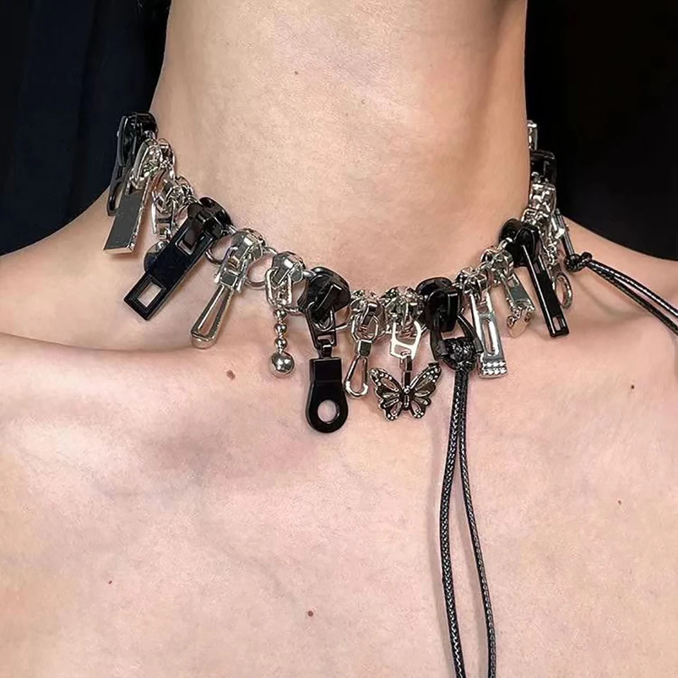 Zipper Chain Necklace Fringe Geometric Punk Style Statement Unisex Jewelry