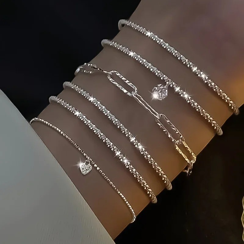 6PCS 925 Sterling Silver Rhinestone Bracelets Women Korean Jewelry Set