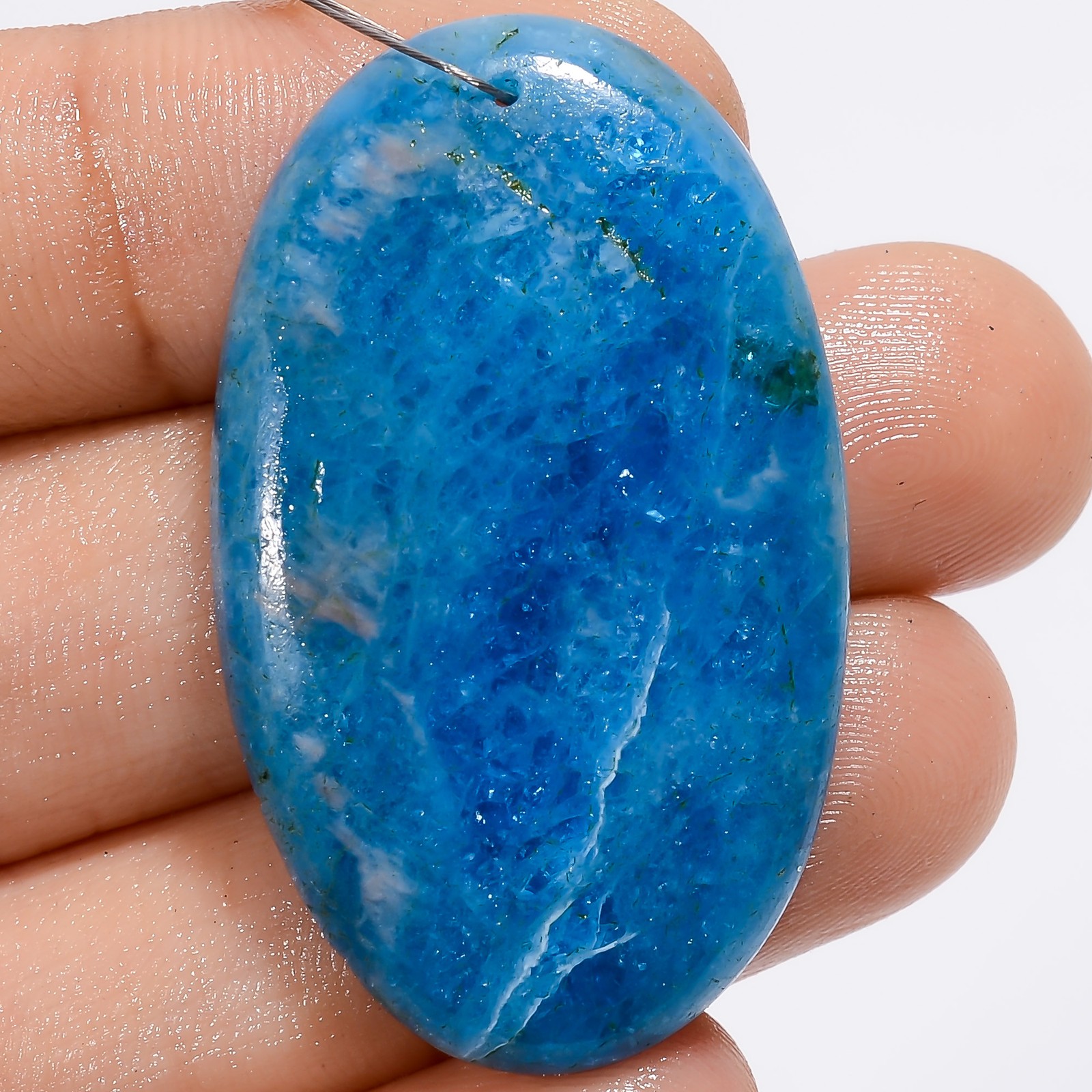 Natural Neon Blue Apatite Oval Cabochon Drilled Gemstone 54 Ct 40X24X5mm A-30325