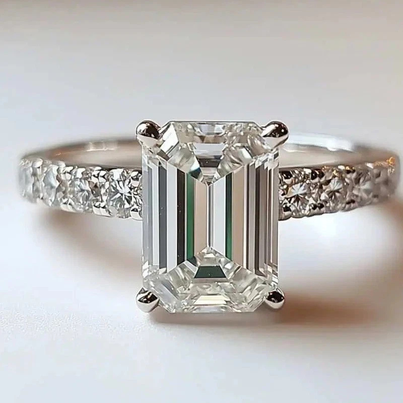 2.0CTW Emerald Cut Moissanite Hidden Halo Engagement Ring 14K White Gold Plated
