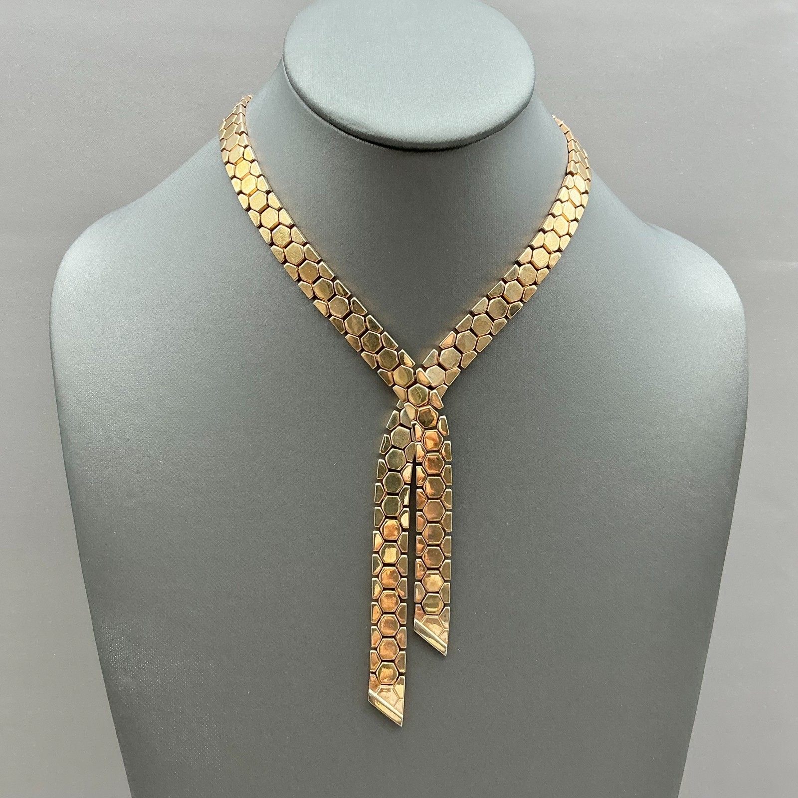 Crown Trifari Necklace Vintage Gold Tone Honeycomb Hexagon Bolo Drop 18″ Pat Pen
