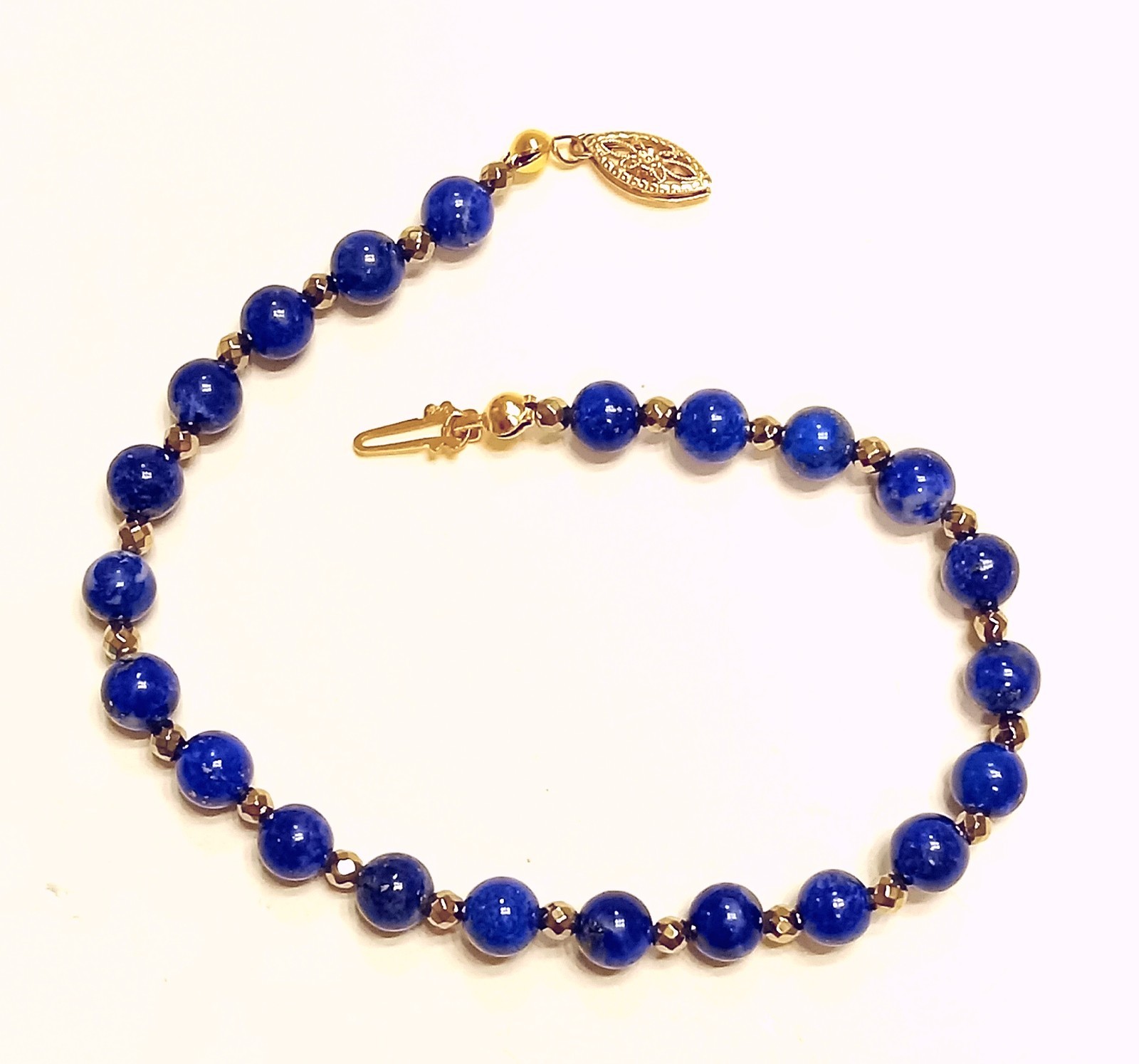 Ladies 6 mm LAPIS & Faceted GOLD Bead Bracelet 14K Gold Clasp / CUSTOM LENGTH
