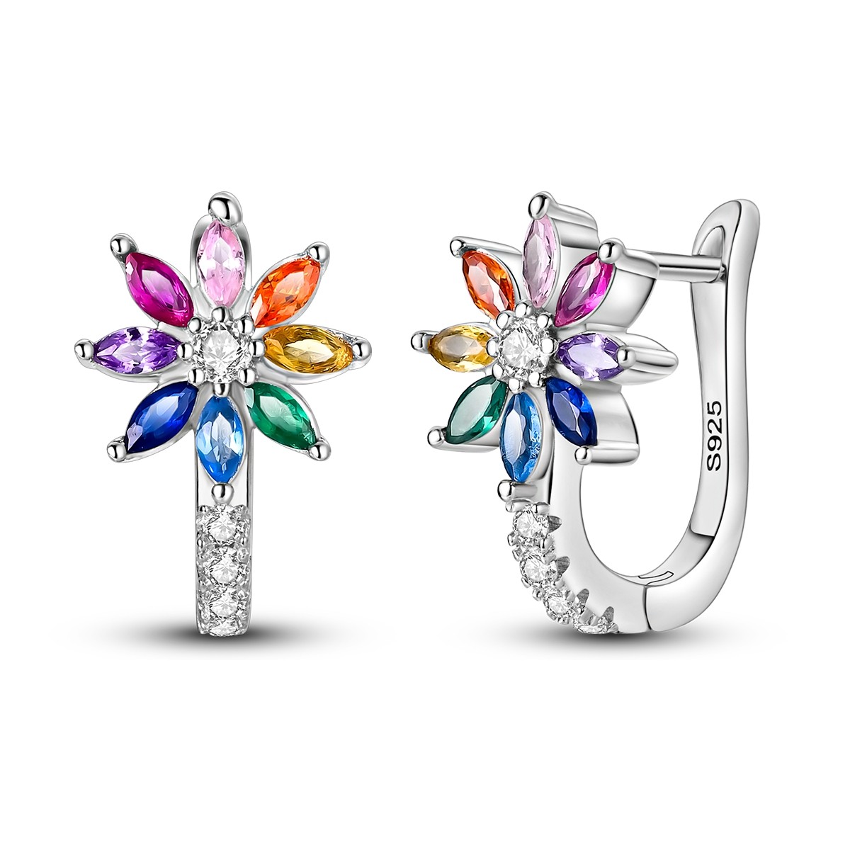 LAZA Original Women CZ Rainbow Flower 925 Sterling Silver Hoop Earrings Jewelry