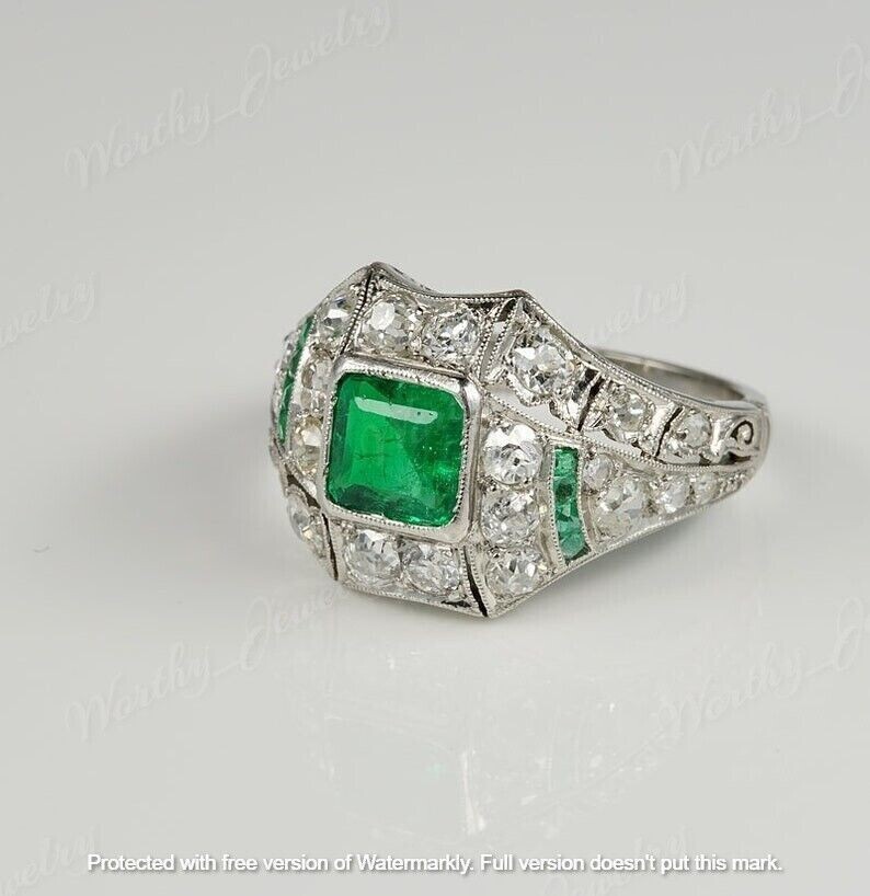 2.30Ct Lab-Created Green Emerald Engagement Ring 14K White Gold Over