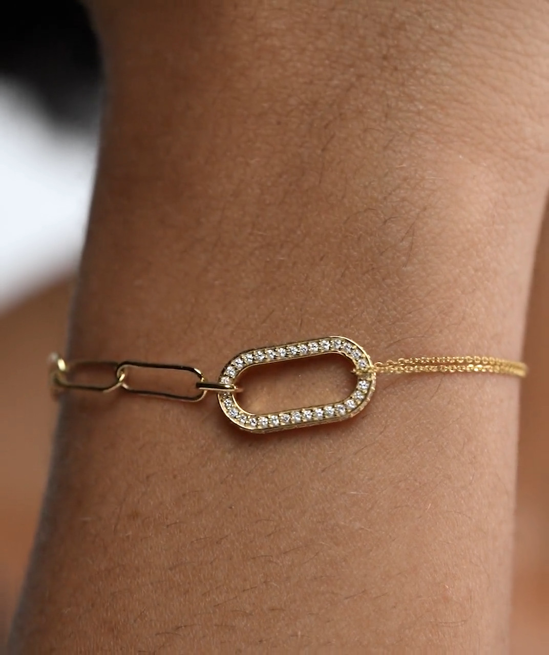 Paperclip Chain Link Statement Bracelet Round Moissanite 14K Yellow Gold Plated