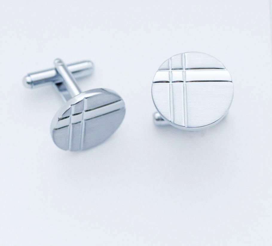 C0291 CUFF LINKS CUFFLINKS ROUND SILVER BRUSH MATTE SHINY CROSS BARS NEW GIFT