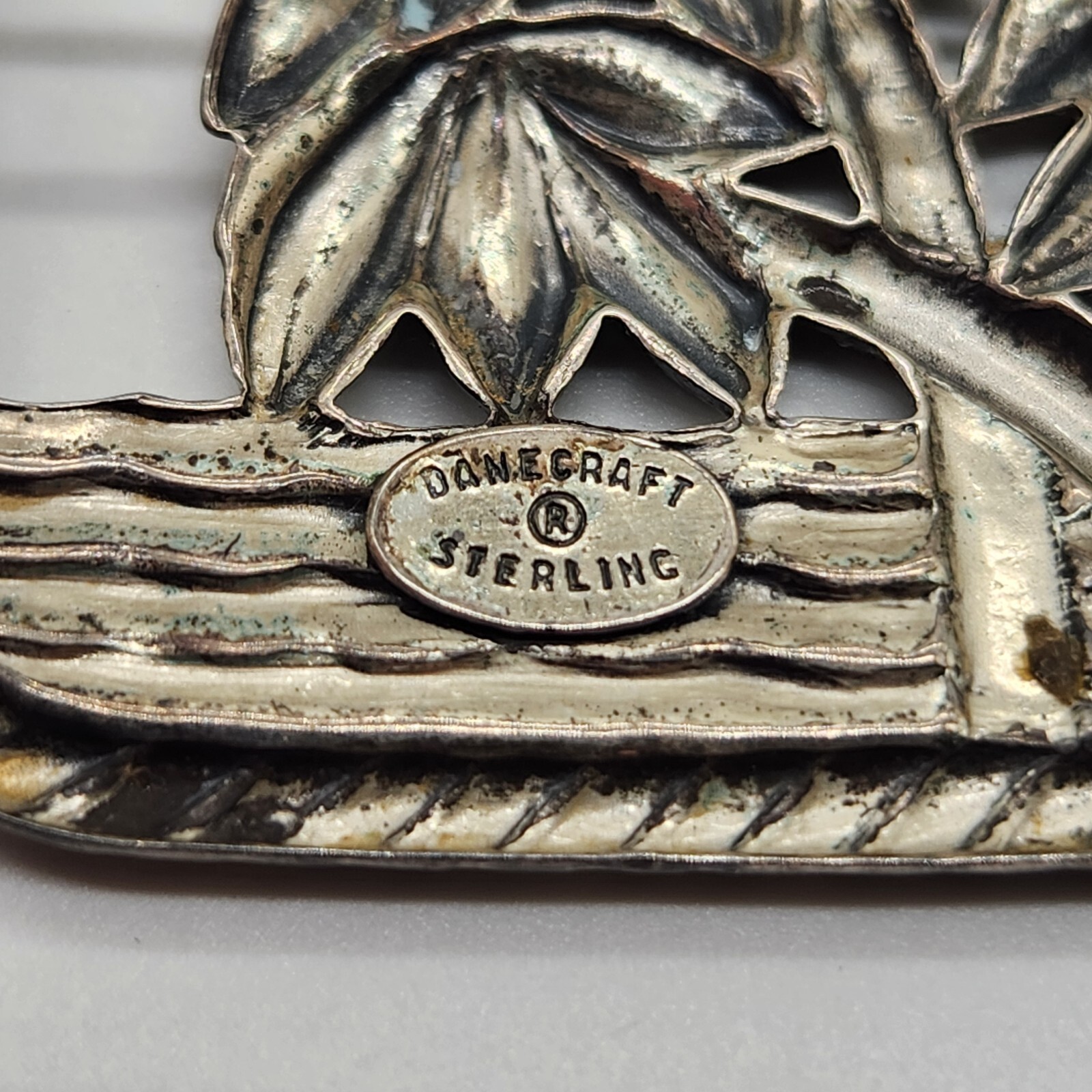 Danecraft 1940s Sterling Brooch – Three Palm Trees Seascape, Signed, 2″