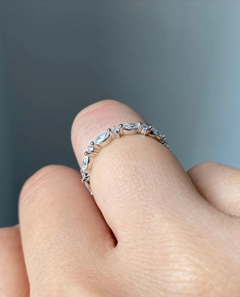 Marquise & Round CZ Stone Full Eternity Wedding Band 925 Silver Bridal Band Gift