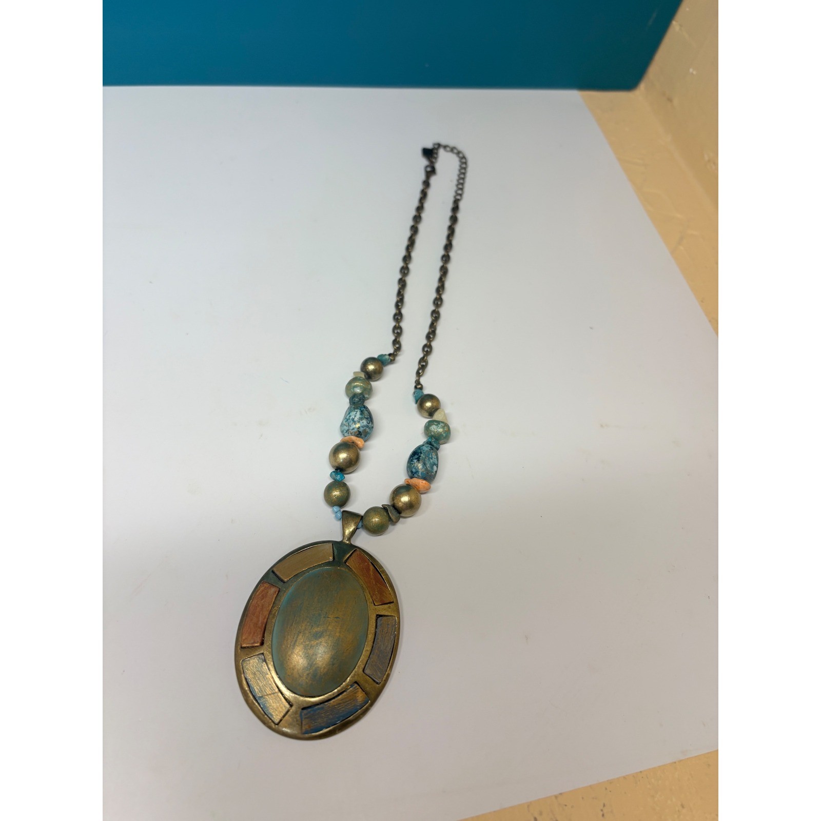 Moussa Artisan Brass Beaded Statement Necklace Teal Gold Oval Pendant Boho