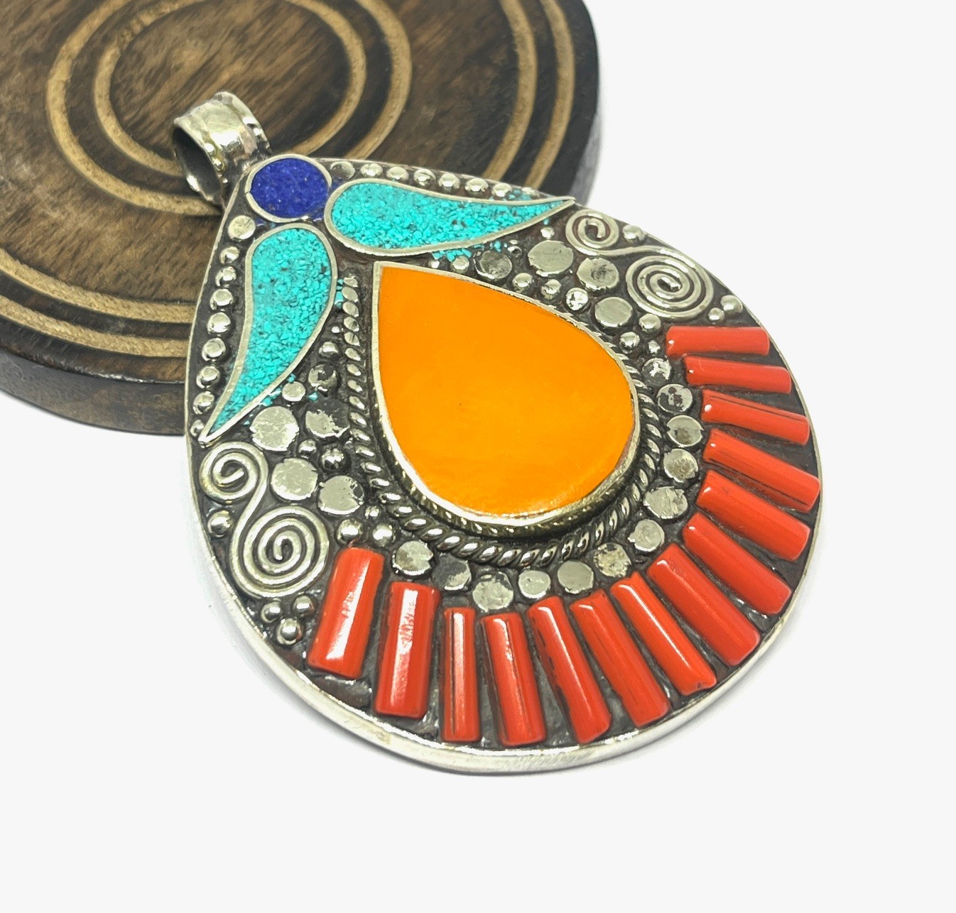 Antique Amber Coral Turquoise Gemstone Tibetan Style Pendant Jewelry, 2.9 inch