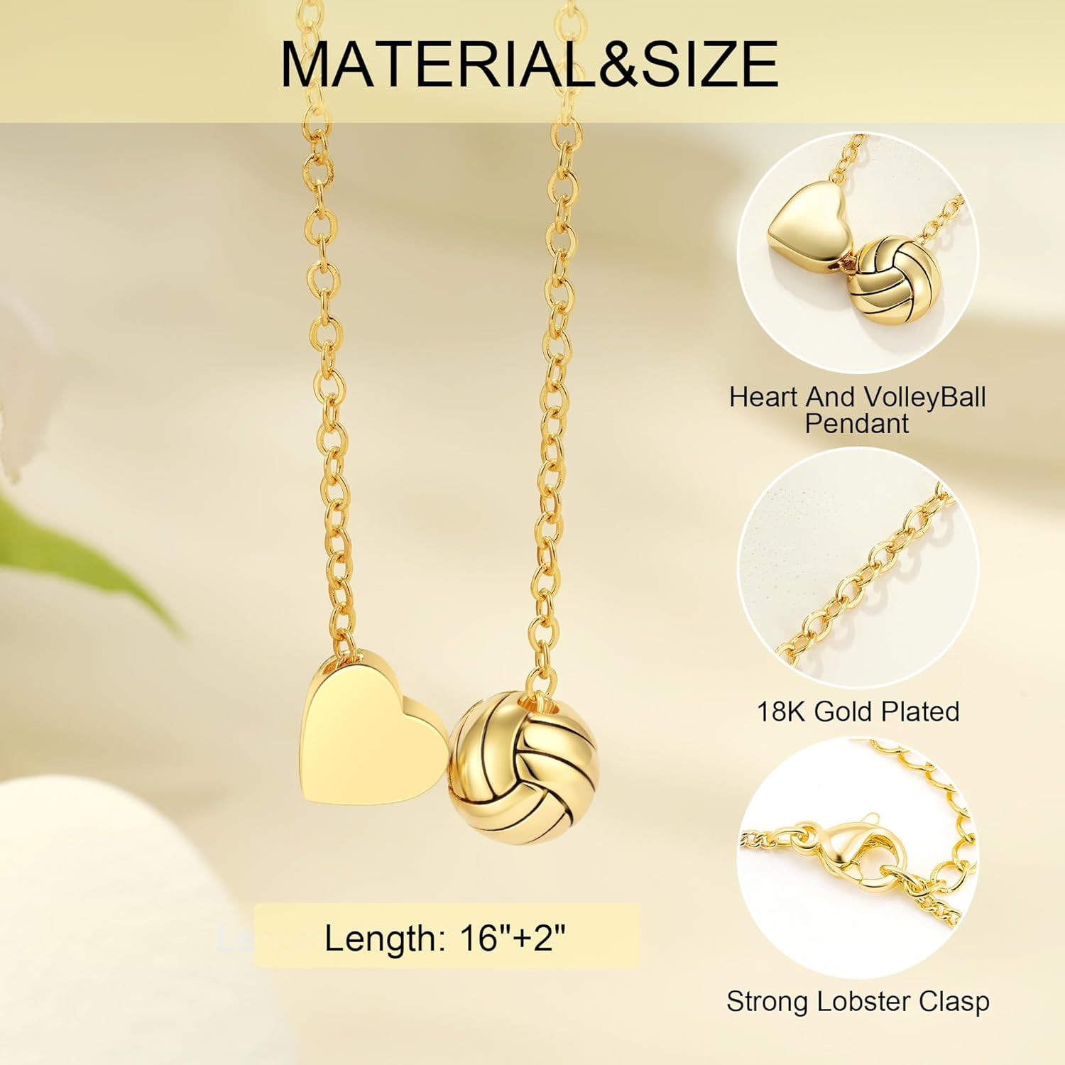 Volleyball Necklaces Gifts for Women Teen Girls, 18K Gold Plated Volleyball Pend