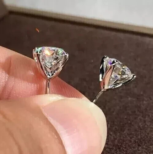 Round Cut 2Ct Real Moissanite Solitaire Stud Earrings 14K White Gold Plated