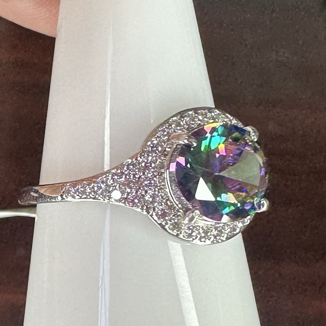 Bomb Party Ring- 6663- Lab Created Rainbow Topaz- Size 8- Rhodium Plated