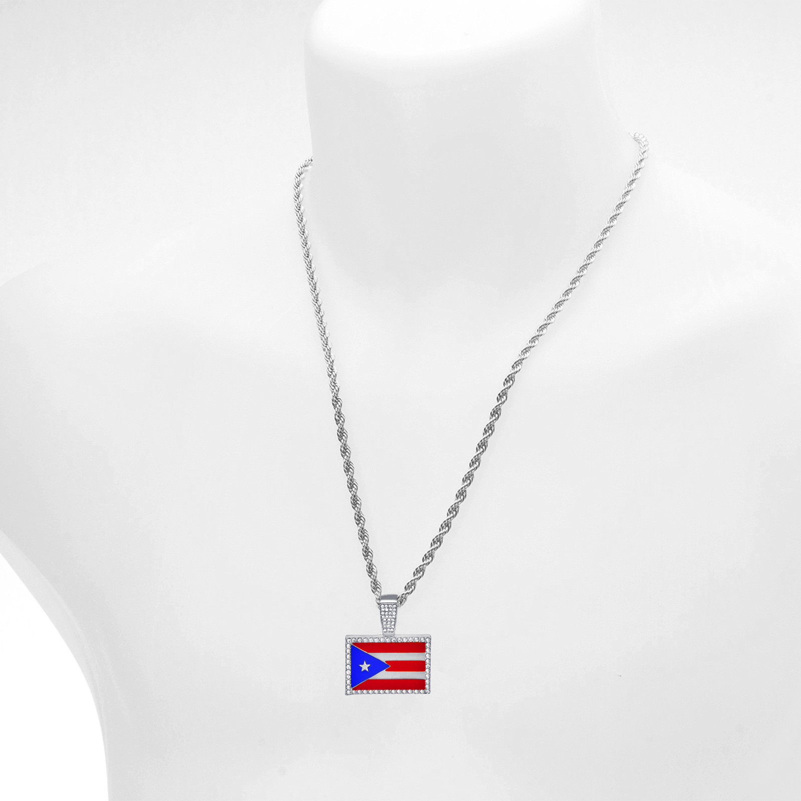 Men’s Silver Plated Iced Puerto Rico Flag Pendant 24″ Rope Chain Necklace 1046 S