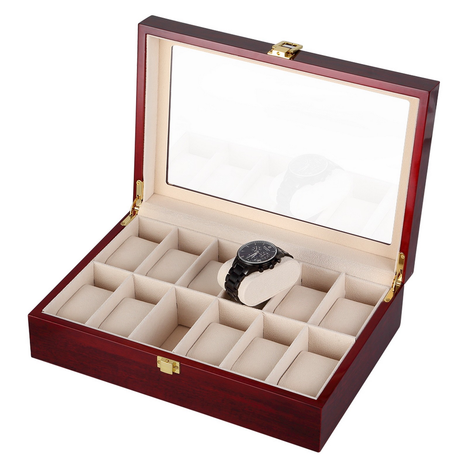 3/6/10/12 Slot Wooden Watch Box Glass Lid Jewelry Organizer Display Case Gift