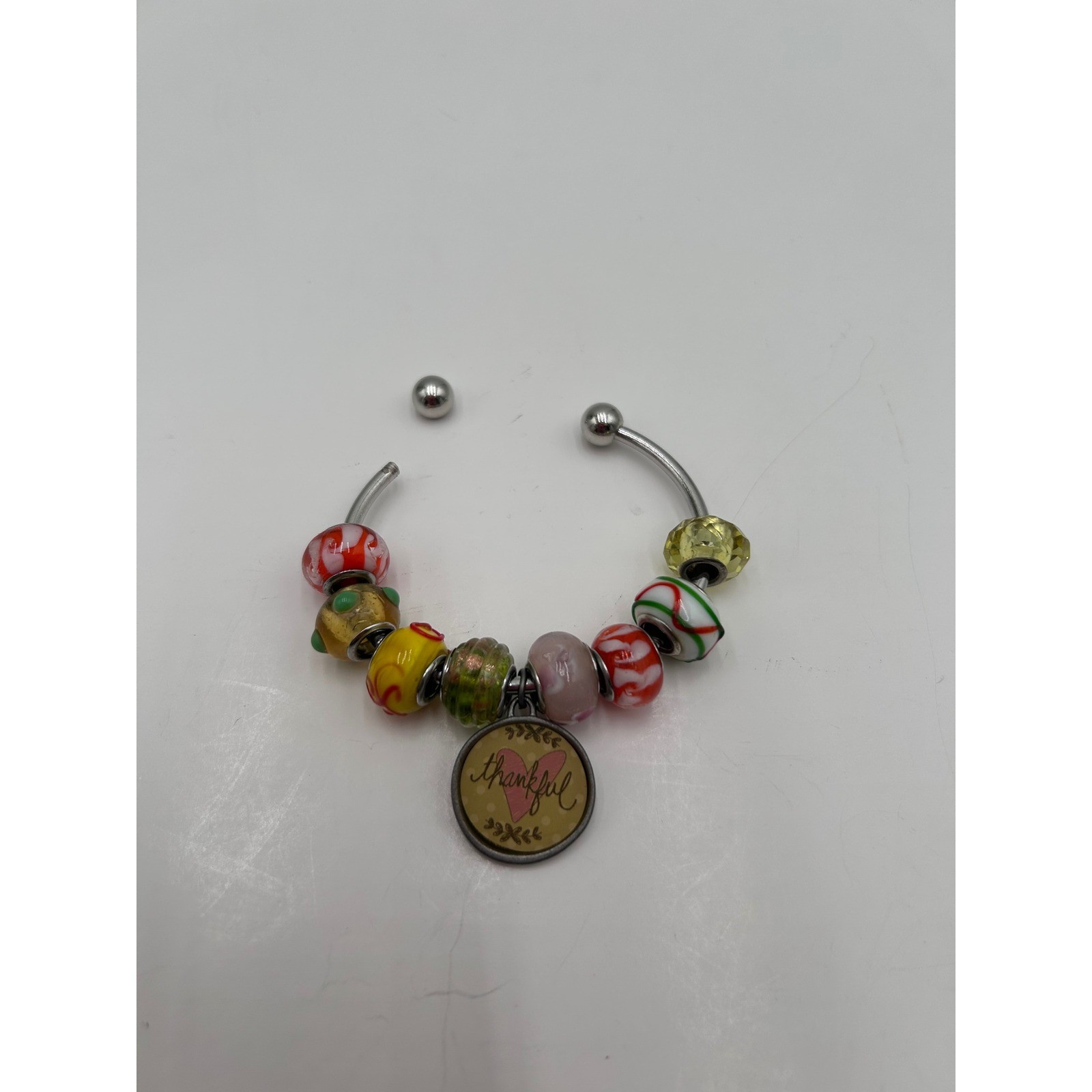 Thankful Heart Charm Lampwork Glass Bead Silver Tone Torque Boho Bangle Bracelet