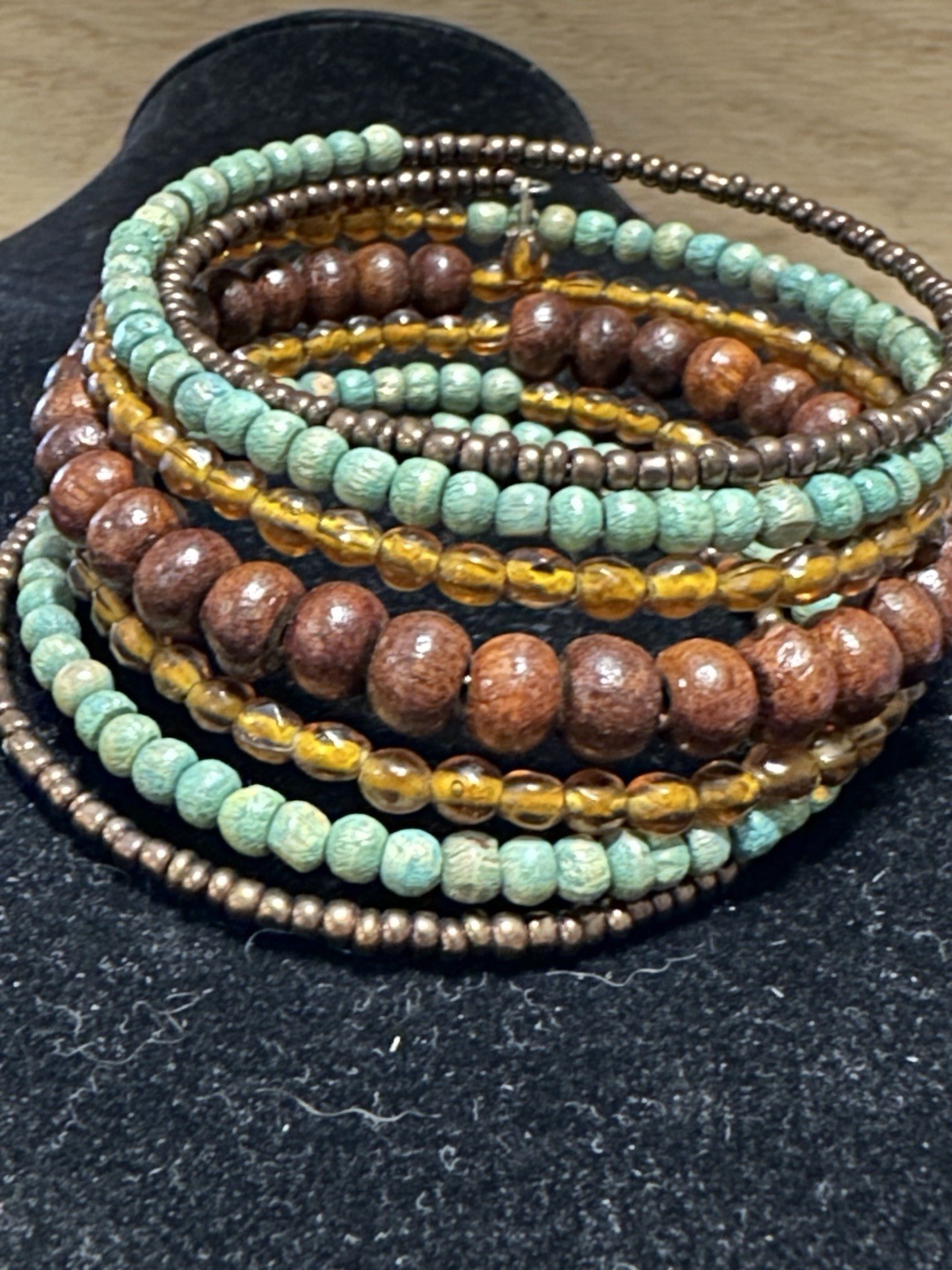 Boho Beaded Wrap Memory Wire Bracelet Multi Color Stacked Earthy Brown