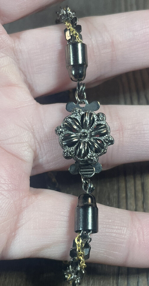 VTG Twist Chain Necklace Gunmetal Black & Silver/Gold Tone 25” Flower Clasp