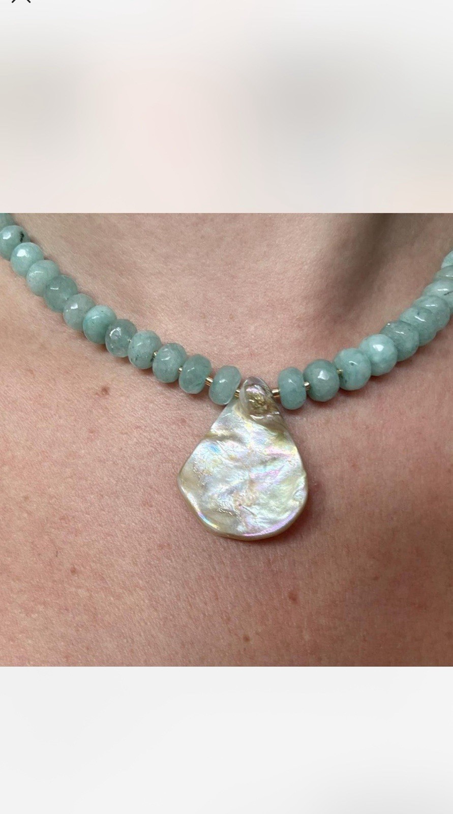 Aquamarine Beaded Necklace with Iridescent Shell Pendant