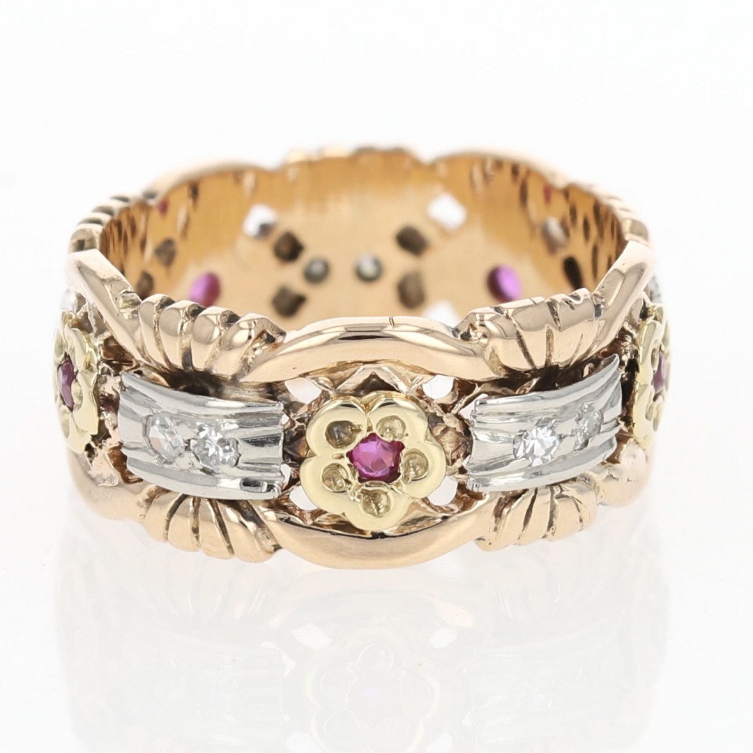 .31ctw Ruby and Diamond Flower Design Eternity Band 14k Multi-Tone Gold Size 7.5