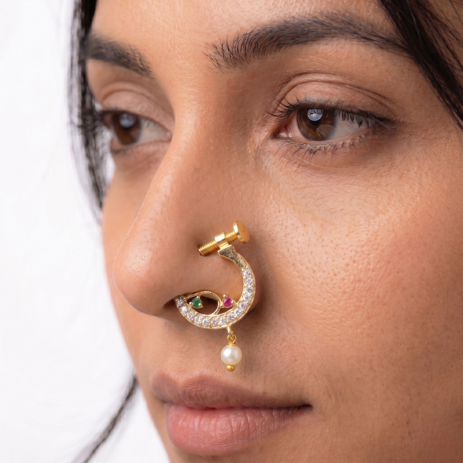 Gold Plated CZ Indian Nose Ring Set: Bridal Nath, Non-Piercing Clip On