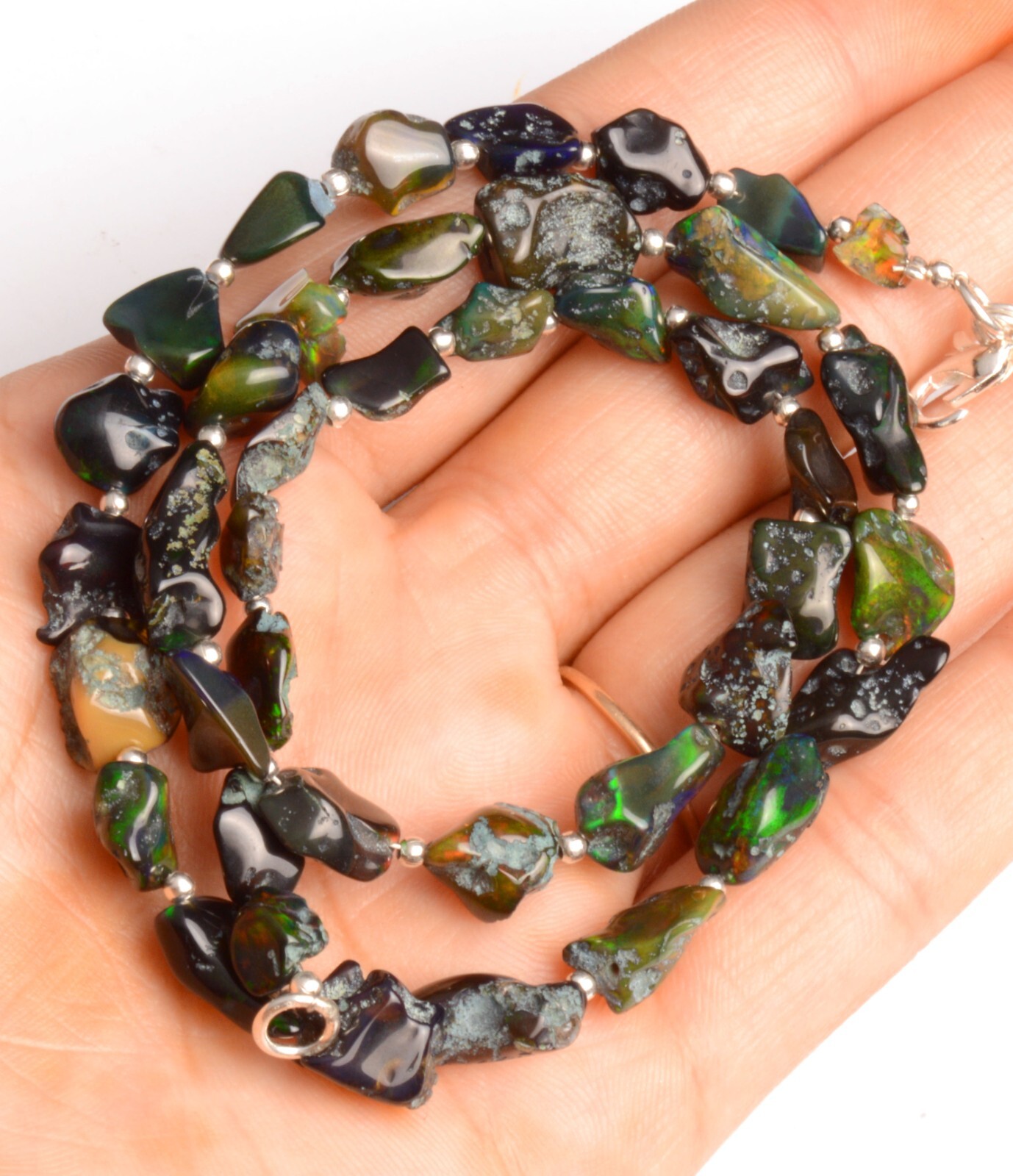 Natural Gem Welo Black Fire Opal 7 to 13 mm Rough Nugget Beads 18″ Necklace