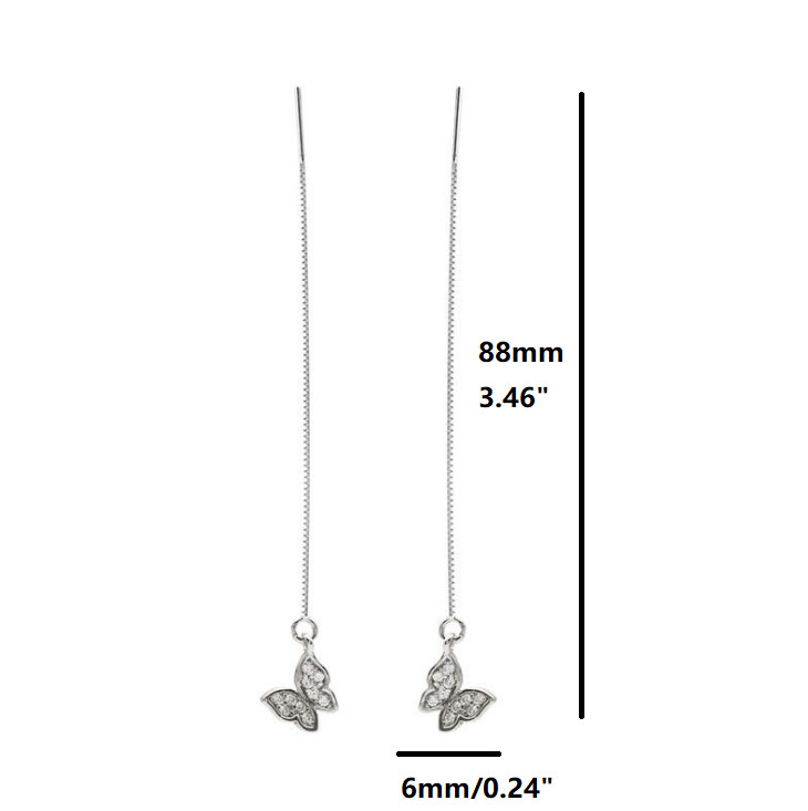 S925 Sterling Silver Butterfly CZ Dangle Pull Through Threader Earrings Box PE48