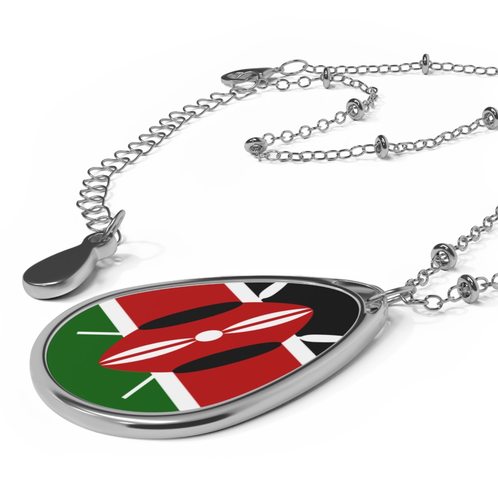 Kenya Flag Oval Necklace – Kenyan Heritage Pendant – One Size / Silver