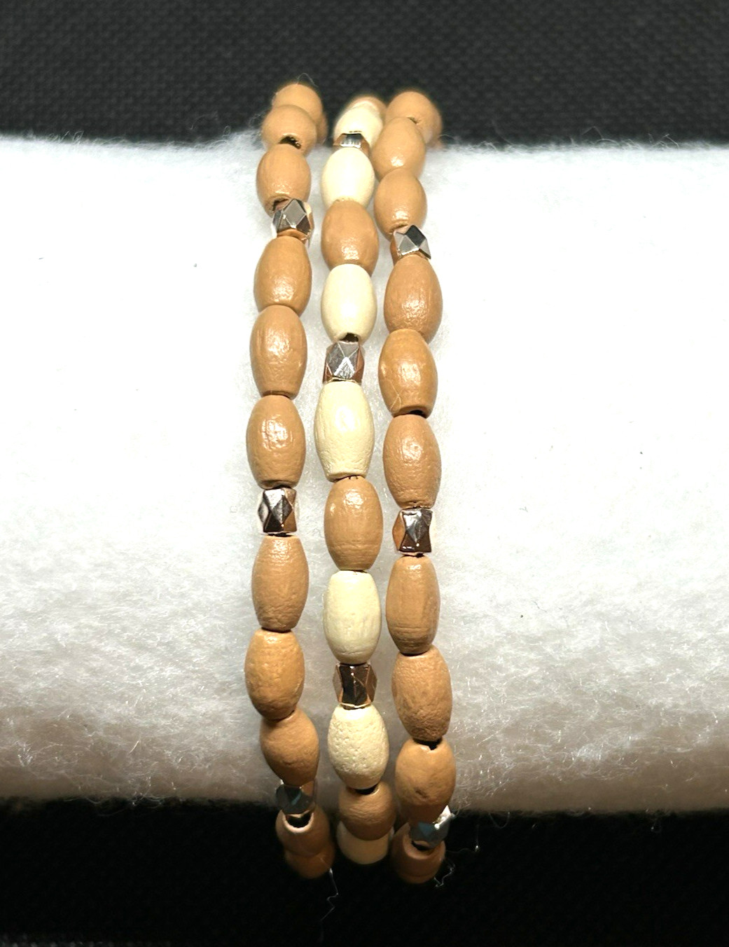 Tan & Ivory with rose gold accents Bamboo Wooden Beaded Bracelet Set Size M
