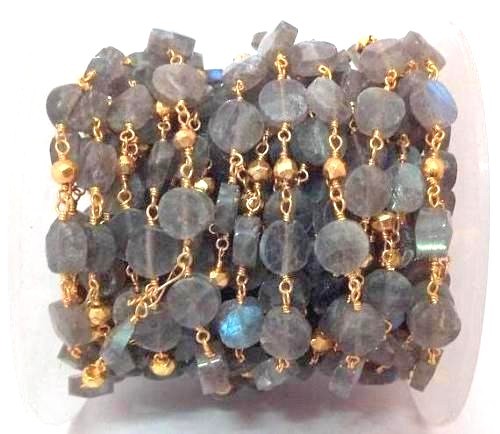 5 Feet Labradorite Coin, Gold Pyrite Rondelle 3-4mm Beads Rosary Gold Wire