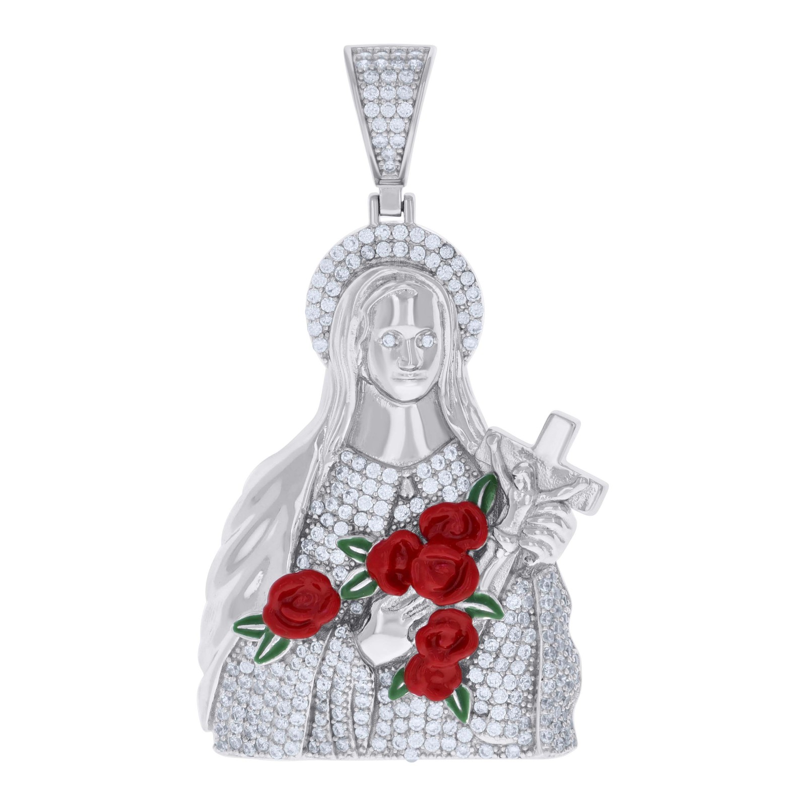 925 Sterling Silver CZ Enameled Crucifix Virgin Mary/Guadalupe Charm Pendant